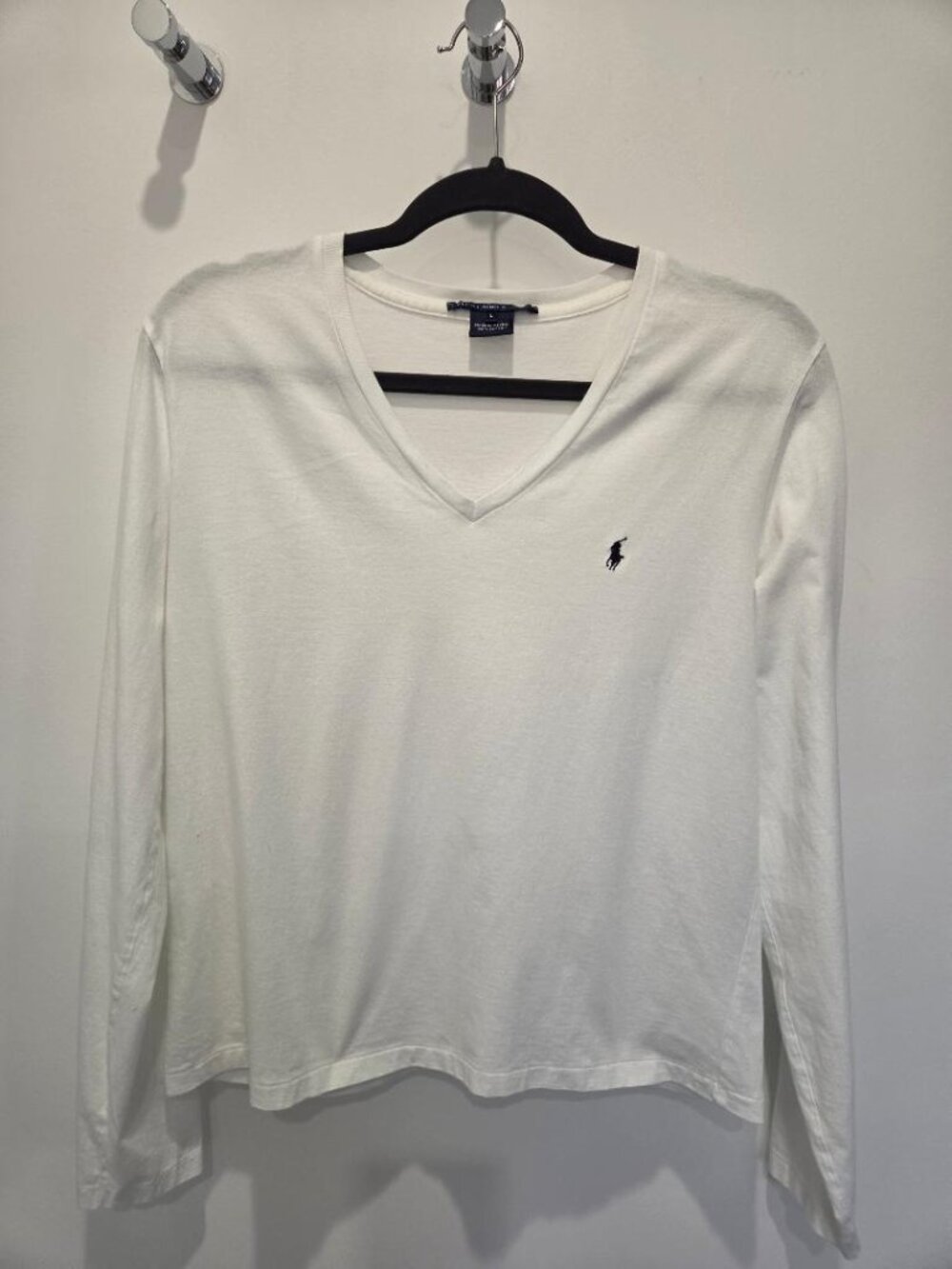 Women's Ralph Lauren Sport White Cotton V Neck Long Sleeve Logo Tee Top   Large